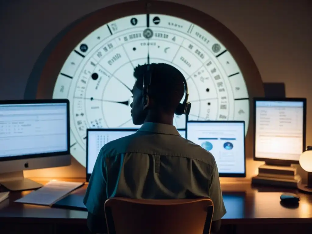 Persona concentrada usando programas de astrología en una habitación con luz tenue