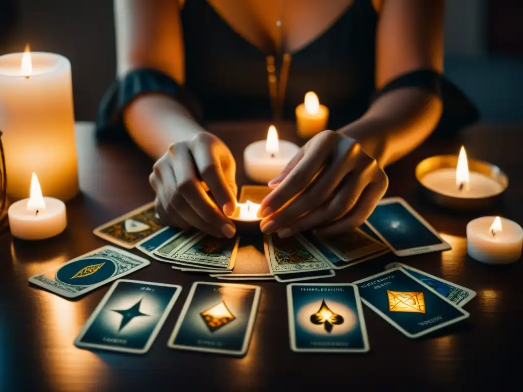 Persona concentrada en la interpretación de tarot, rodeada de cartas y luz de velas, en escena introspectiva y mística