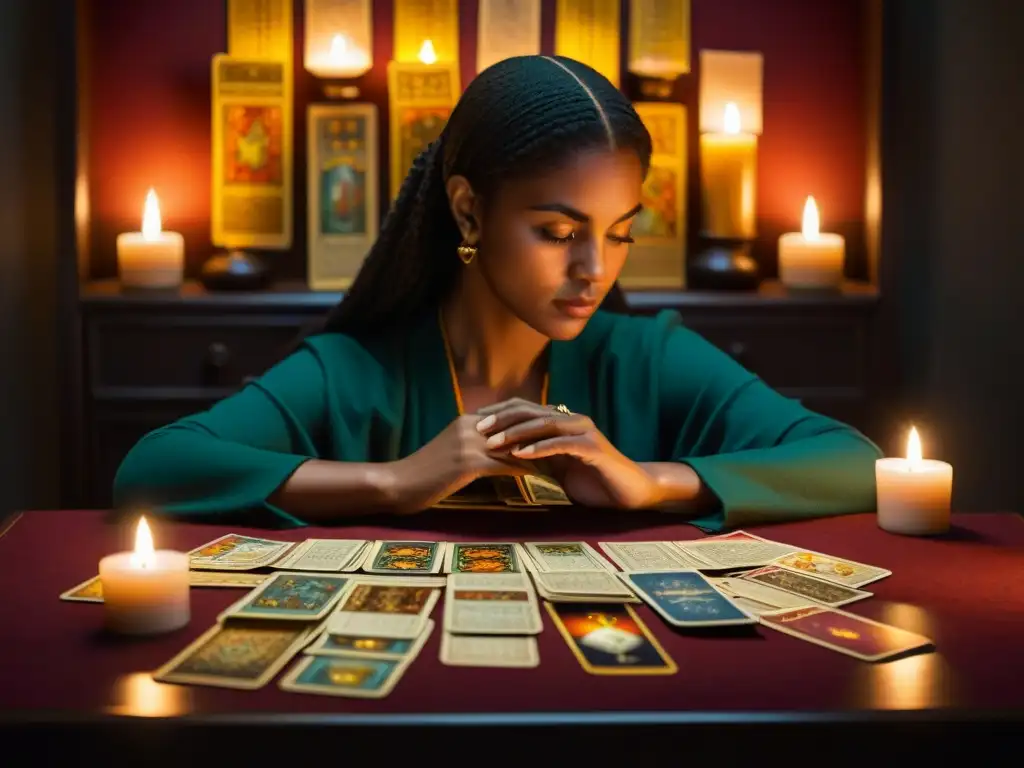 Una persona concentrada en el tarot, rodeada de cartas detalladas, iluminada por una vela en un ambiente misterioso