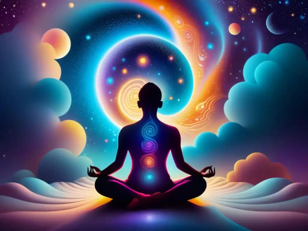 Persona en meditación proyectando su conciencia en un reino astral vibrante