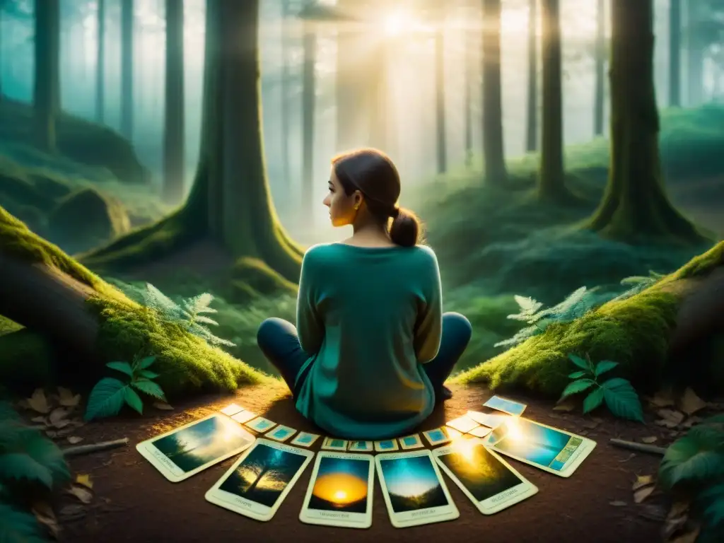 Una persona contemplativa en una encrucijada con cartas del tarot, en un bosque místico