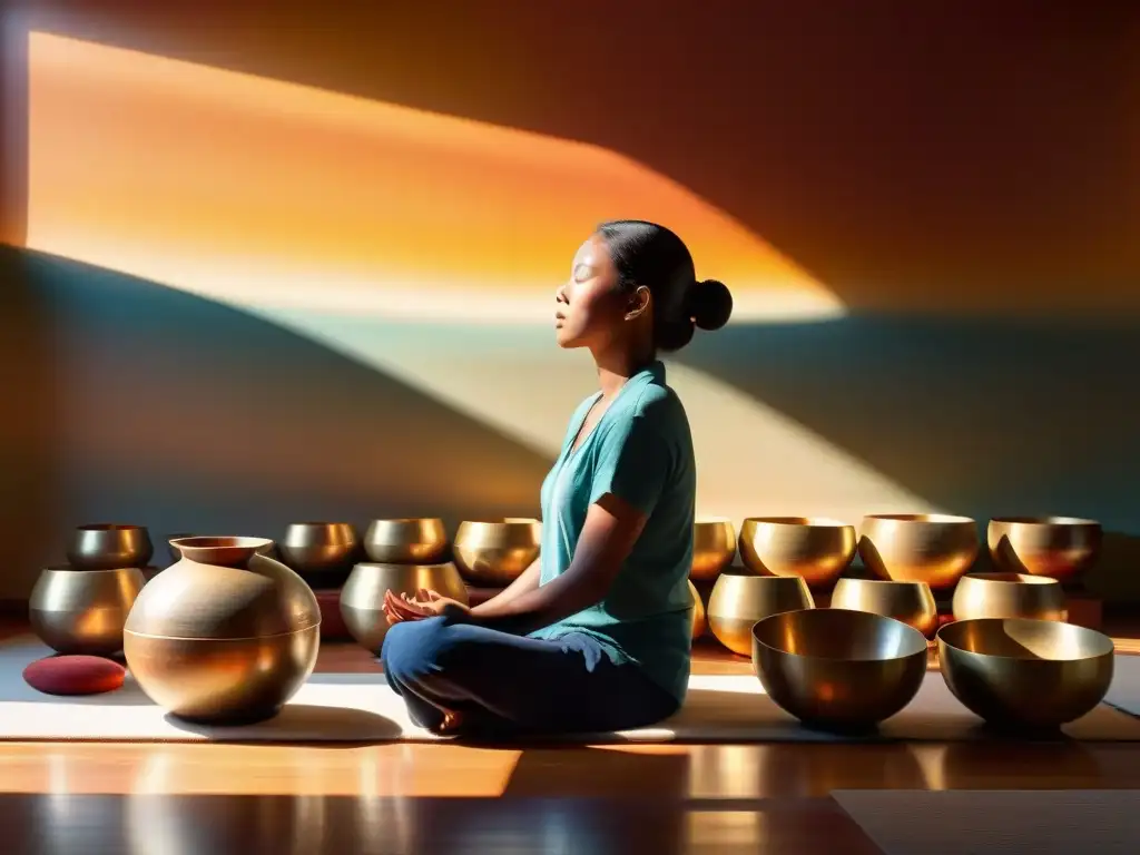 Persona meditando con cuencos de sonido en sala iluminada por el sol