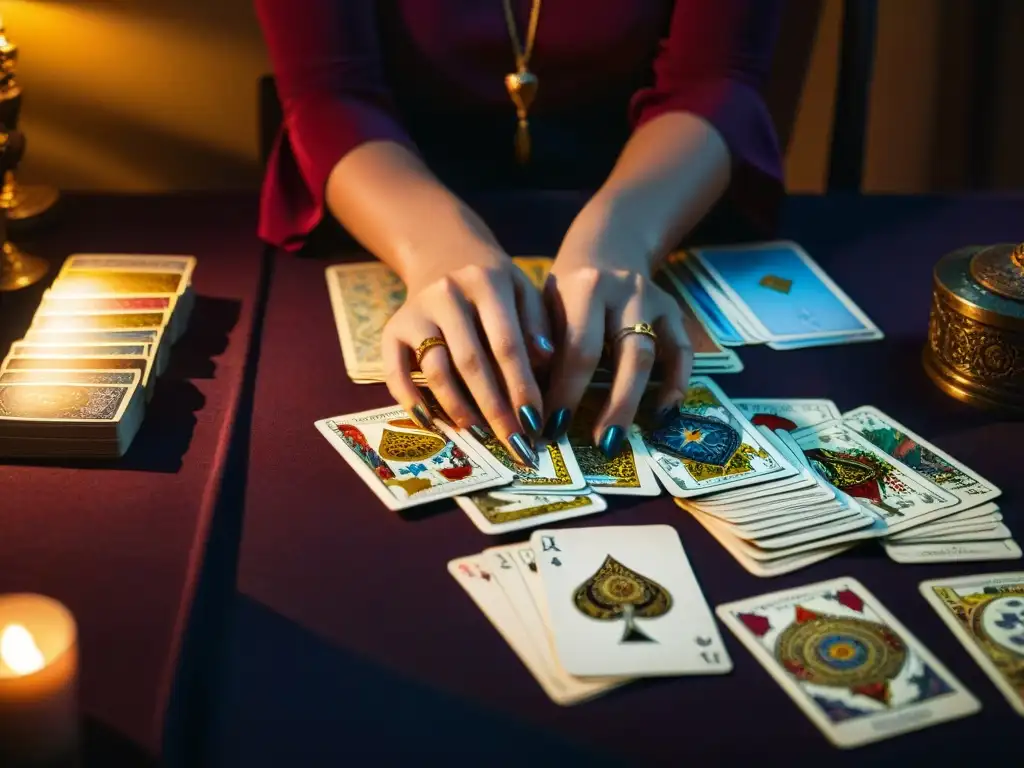 Selección meticulosa de cartas de tarot en un ambiente místico Persona enigmática seleccionando cartas de tarot en una mesa, concentrada