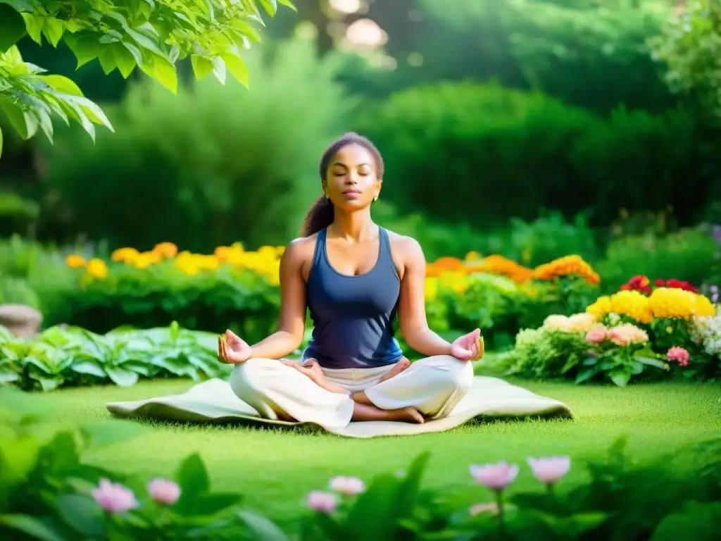 Persona meditando en jardín exuberante, rodeada de flores vibrantes bajo suave luz filtrándose entre hojas