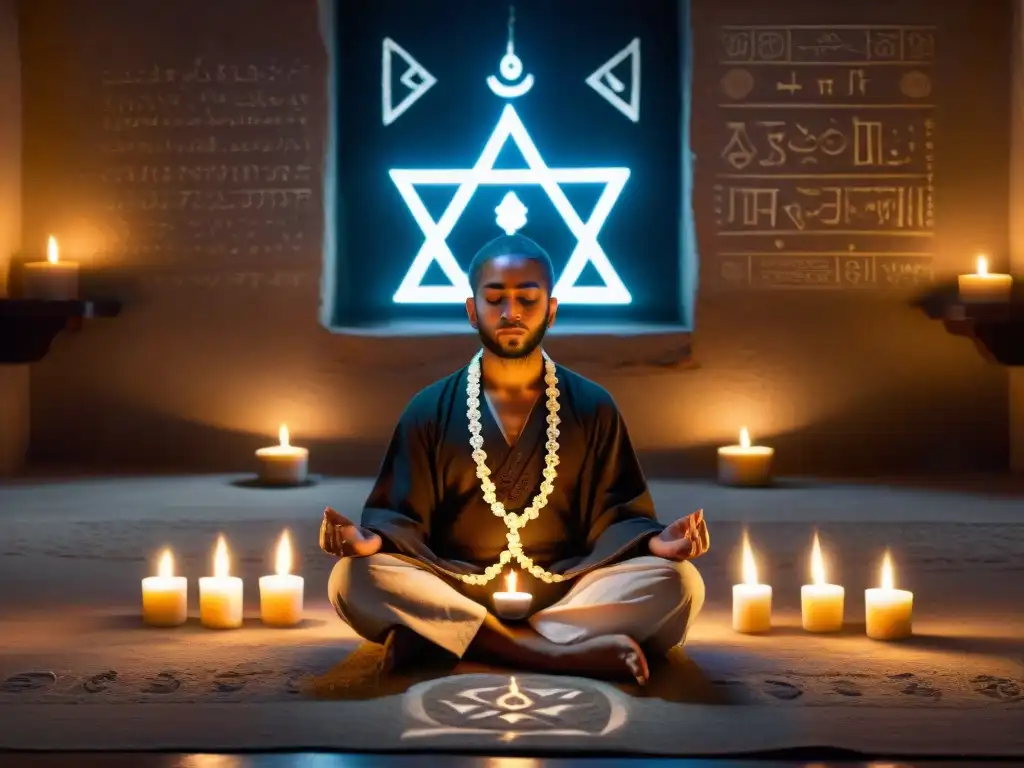 Persona meditando en habitación iluminada por velas y símbolos Kabbalísticos, con atmósfera mística y conexión cósmica