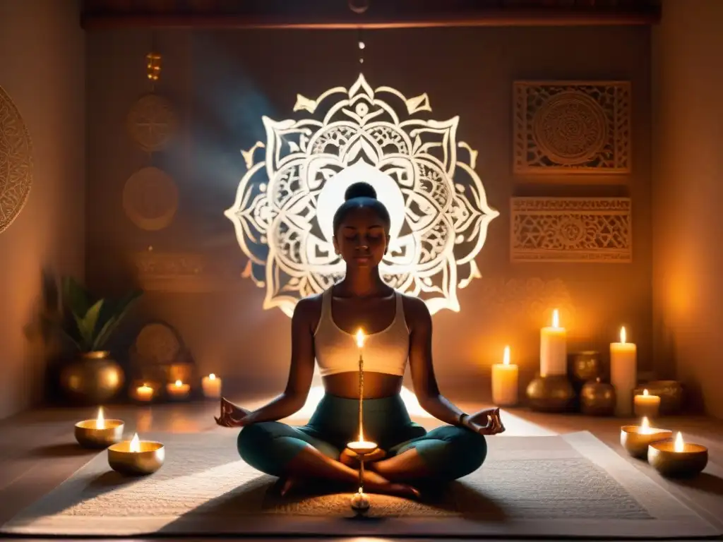 Persona meditando en habitación iluminada por velas e incienso, rodeada de símbolos espirituales