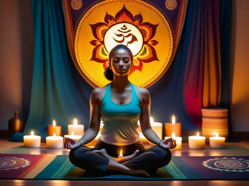 Persona meditando en habitación iluminada por velas, rodeada de incienso y chakras