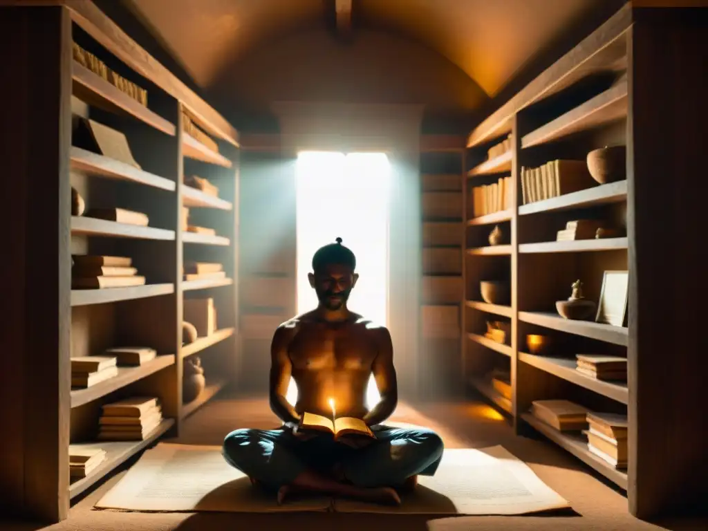 Persona meditando en una habitación llena de antiguos manuscritos y artefactos rosacruces, iluminada por luz misteriosa