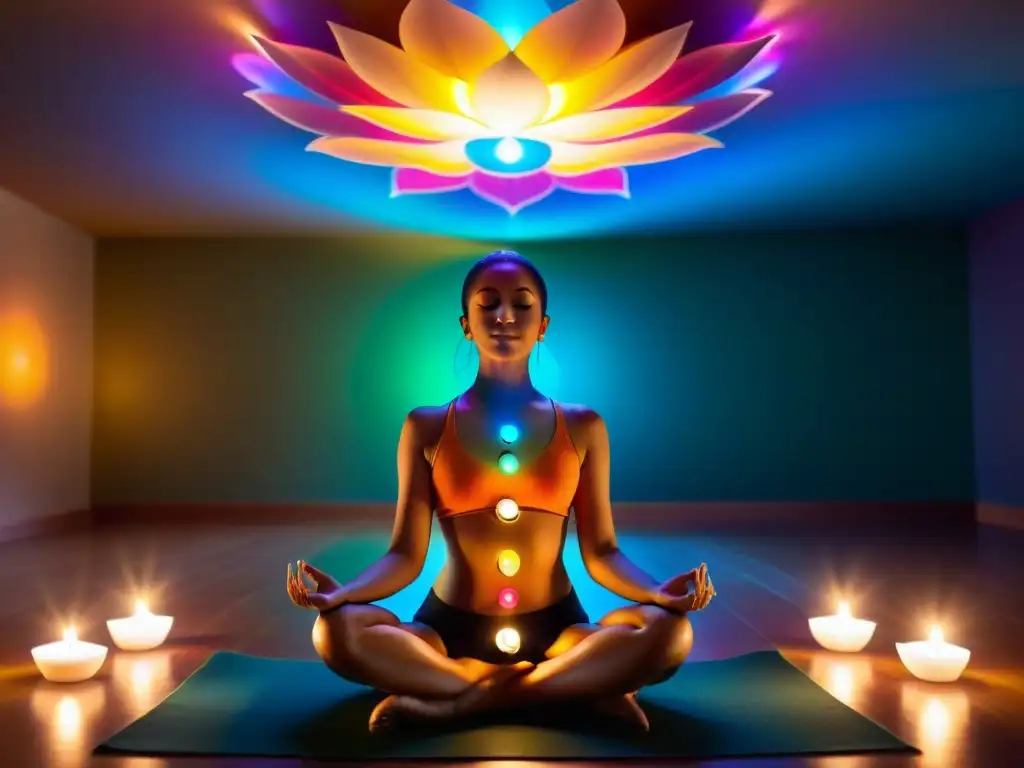 Persona meditando en una habitación serena, con chakras en colores vibrantes y símbolos espirituales, reflejando las enseñanzas rosacruces