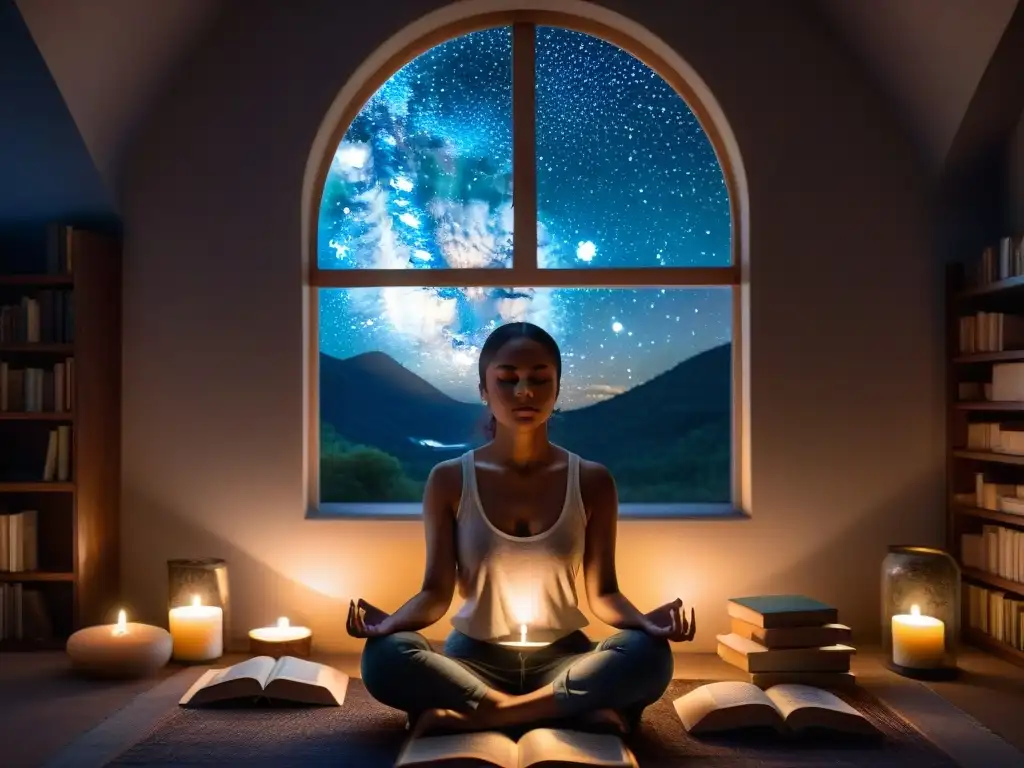 Persona meditando en habitación serena con libros y cristales, desarrollando habilidades psíquicas rosacruces