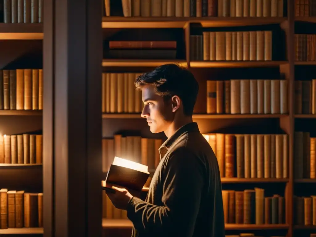 Persona en habitación sombría con artefacto antiguo, libros viejos y rollos