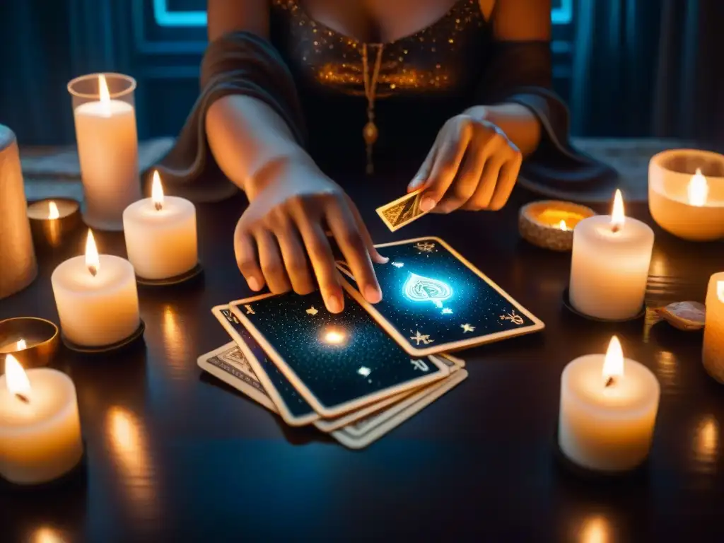 Una persona en una habitación tenue rodeada de velas y cartas de tarot