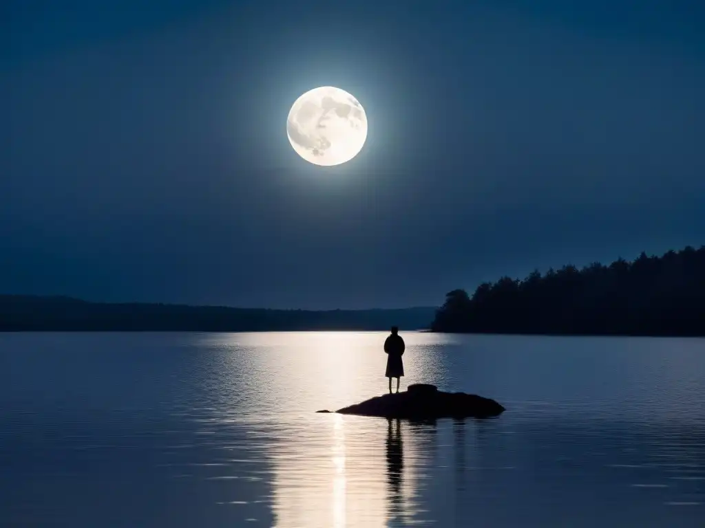 Persona en lago bajo la luna, reflejos plateados