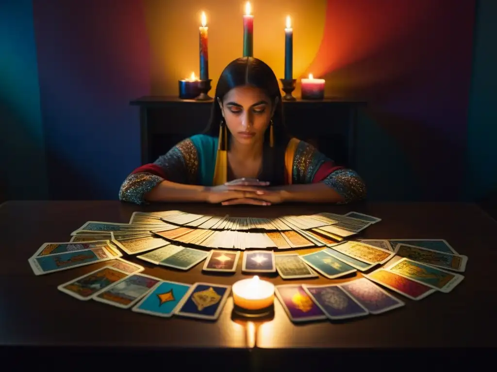 Una persona se concentra en una lectura de tarot en una habitación tenue iluminada por una vela