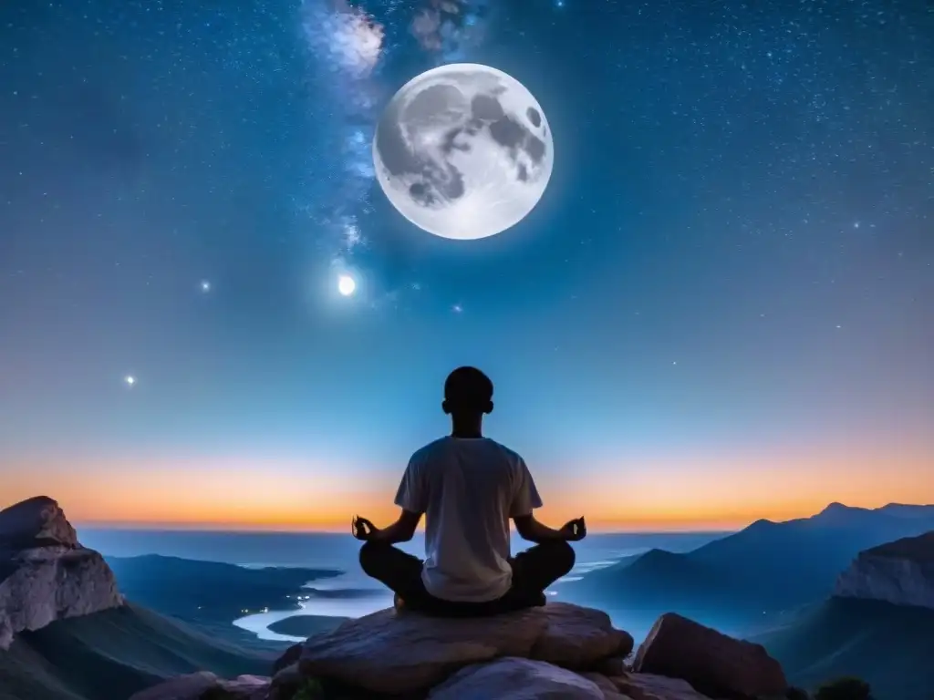 Persona meditando bajo la luna llena en un paisaje nocturno, donde las aplicaciones de astrología fortalecen la espiritualidad