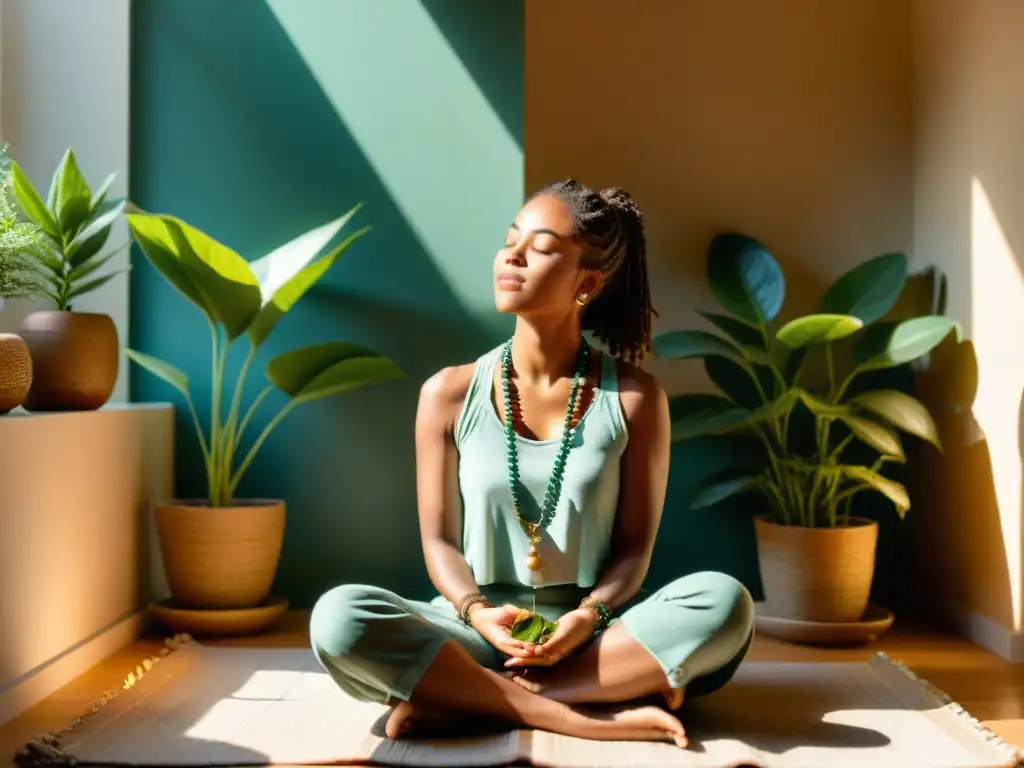 Persona meditando con mala beads en un ambiente sereno y luminoso rodeado de plantas