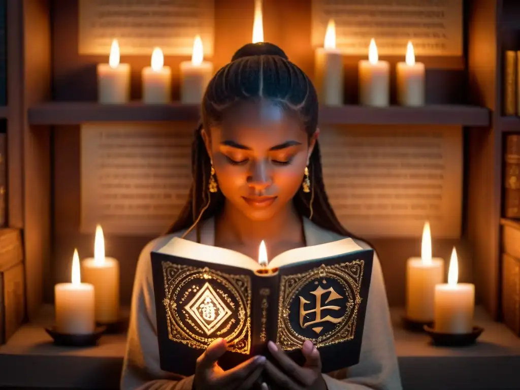 Persona en meditación profunda, con luz de velas, libro de símbolos, rostro sereno y sonrisa, en experiencia espiritual práctica rosacruz