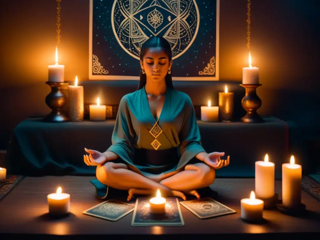 Persona meditando en habitación misteriosa con velas encendidas y cartas del Tarot, creando una atmósfera de sociedades secretas influencia