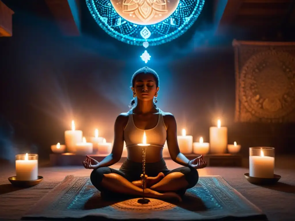 Persona meditando en habitación mística con velas y símbolos, viaje astral a otros planos de existencia