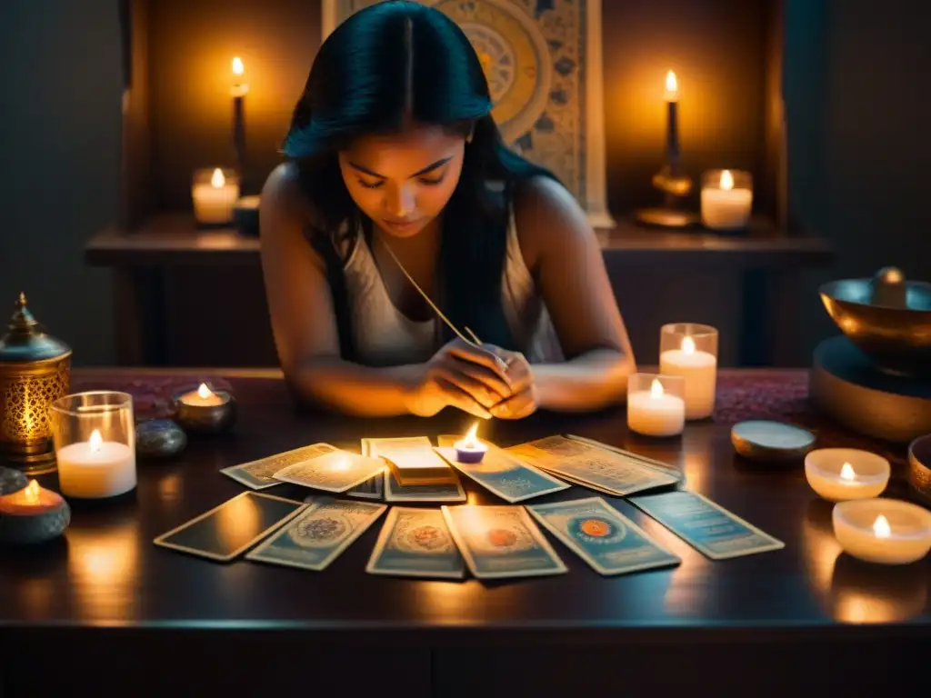 Persona con los ojos cerrados entre cartas del Tarot en una habitación con incienso, transmitiendo sanación espiritual