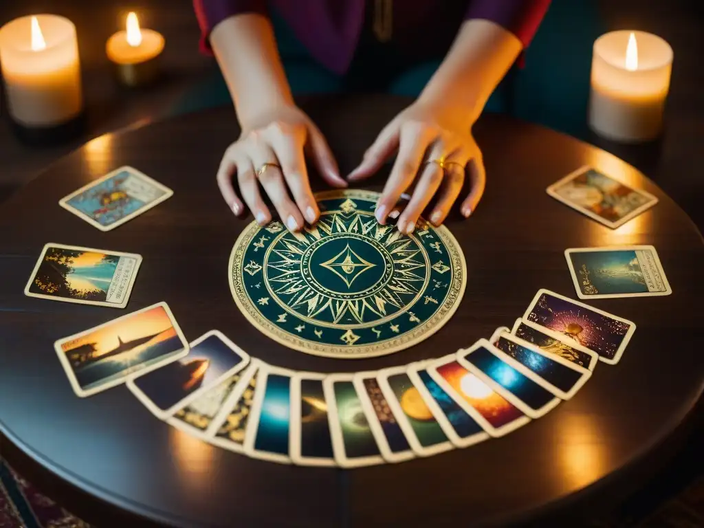 Persona con los ojos cerrados rodeada de cartas de Tarot en círculo en una mesa de madera, en una atmósfera de misterio y contemplación