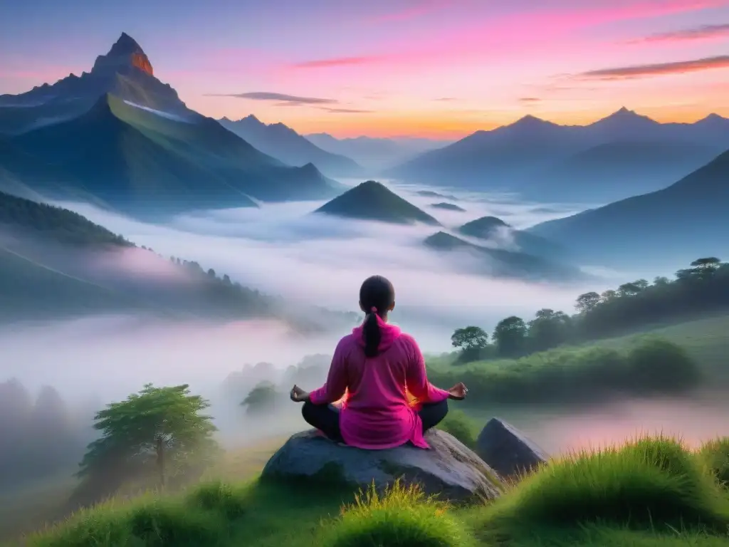 Persona meditando en paisaje montañoso al amanecer, evocando los Beneficios de la Meditación Trascendental