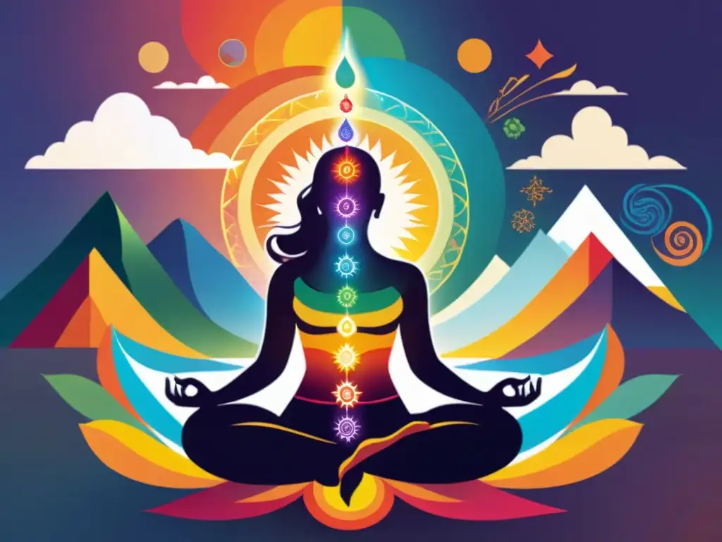 Persona en postura meditativa rodeada de energía vibrante de los siete chakras según enseñanzas rosacruces