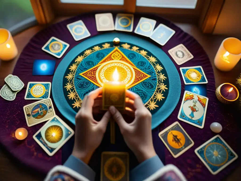 Persona en profunda contemplación con cartas de tarot coloridas dispuestas en círculo, herramienta crecimiento personal