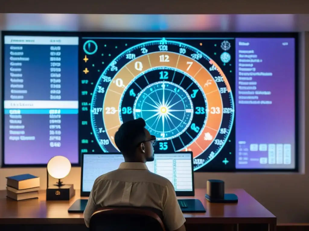 Persona usando programas avanzados para predecir futuro con gráficas y mapas astrológicos en pantalla