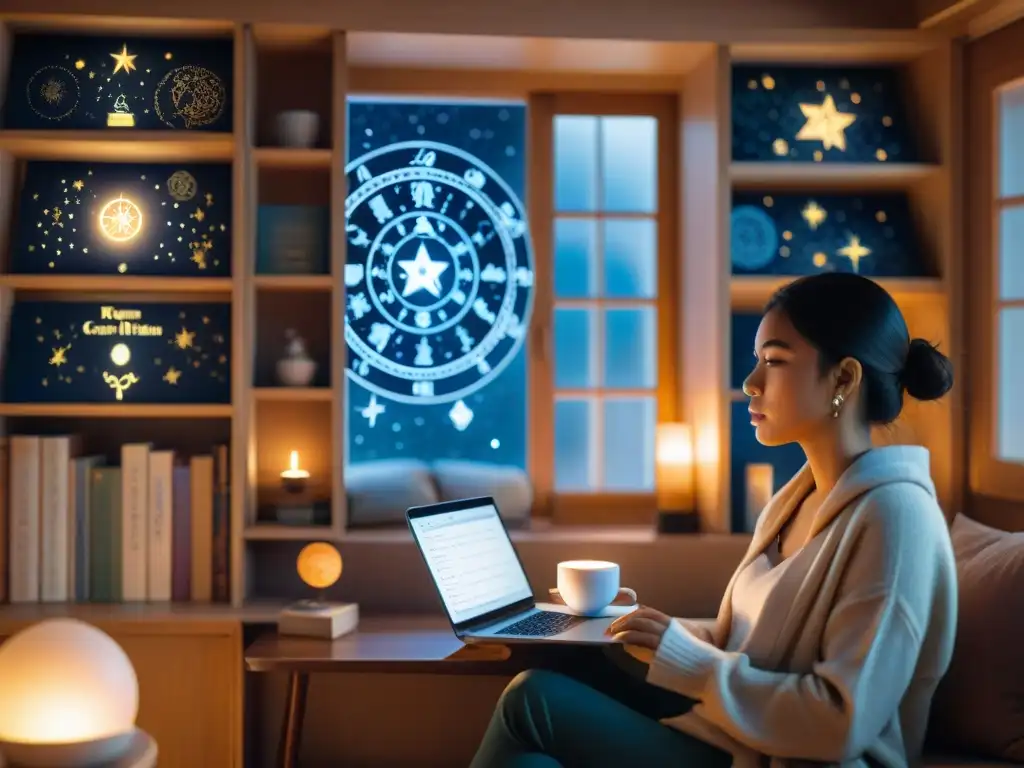 Persona reflexiva consultando app de astrología moderna, rodeada de libros y luz natural