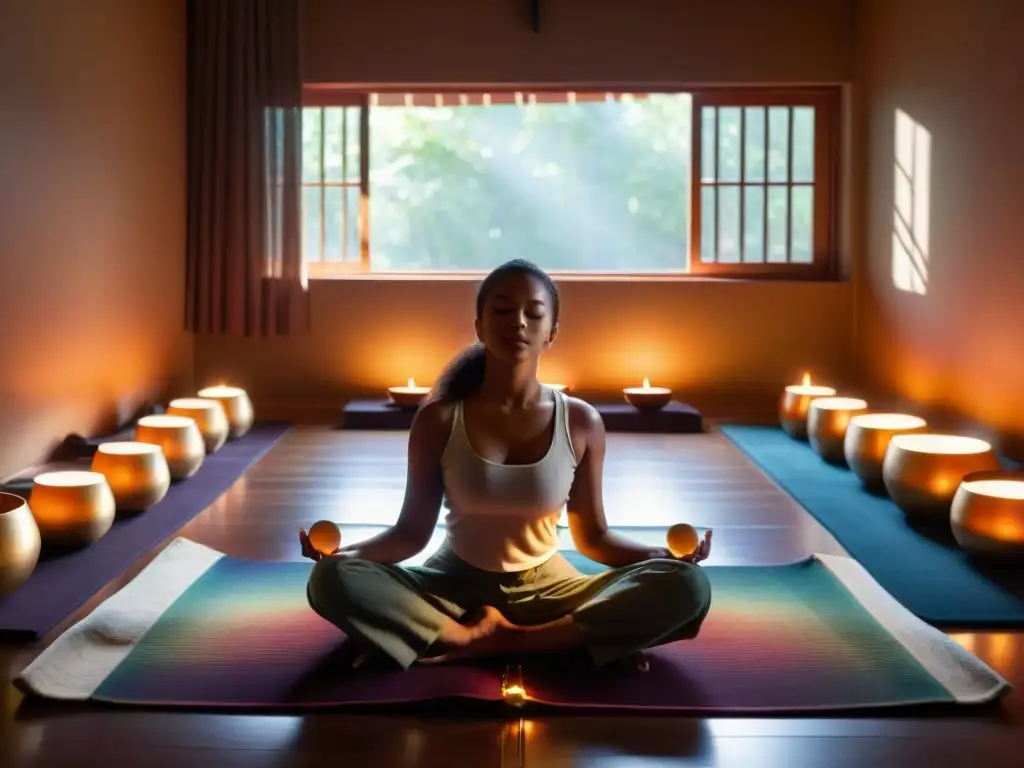 Persona relajada en terapia sonora con cuencos de colores, rodeada de luz y paz