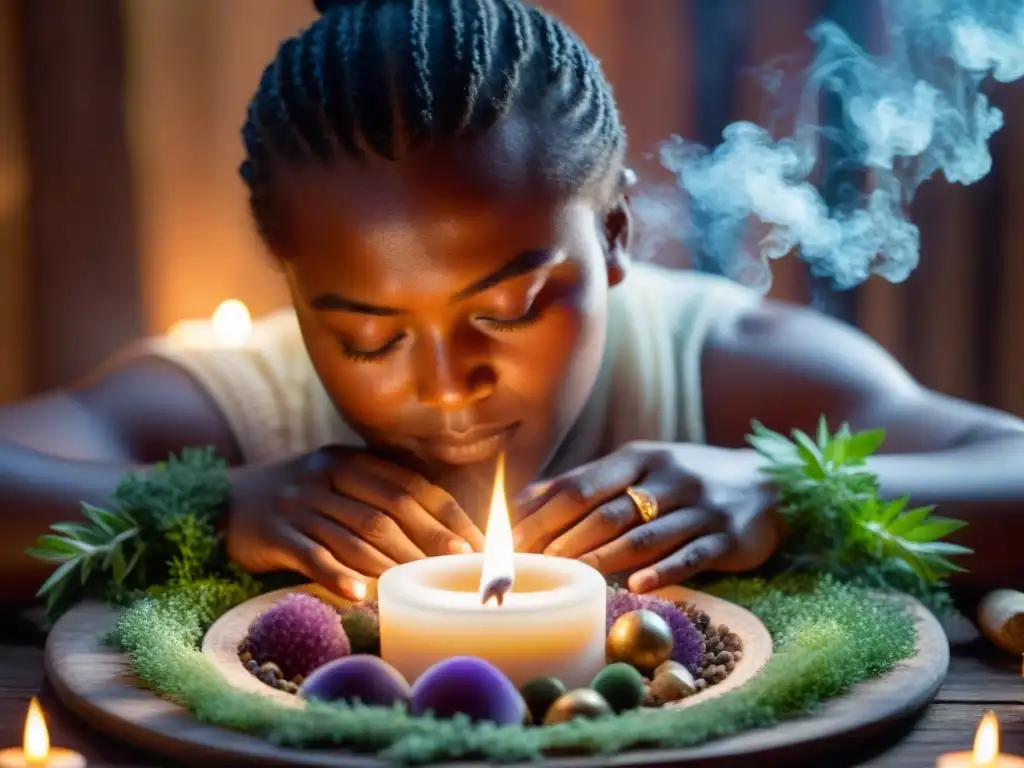 Persona realizando un ritual de protección con cristales y hierbas, rodeada de luz y energía