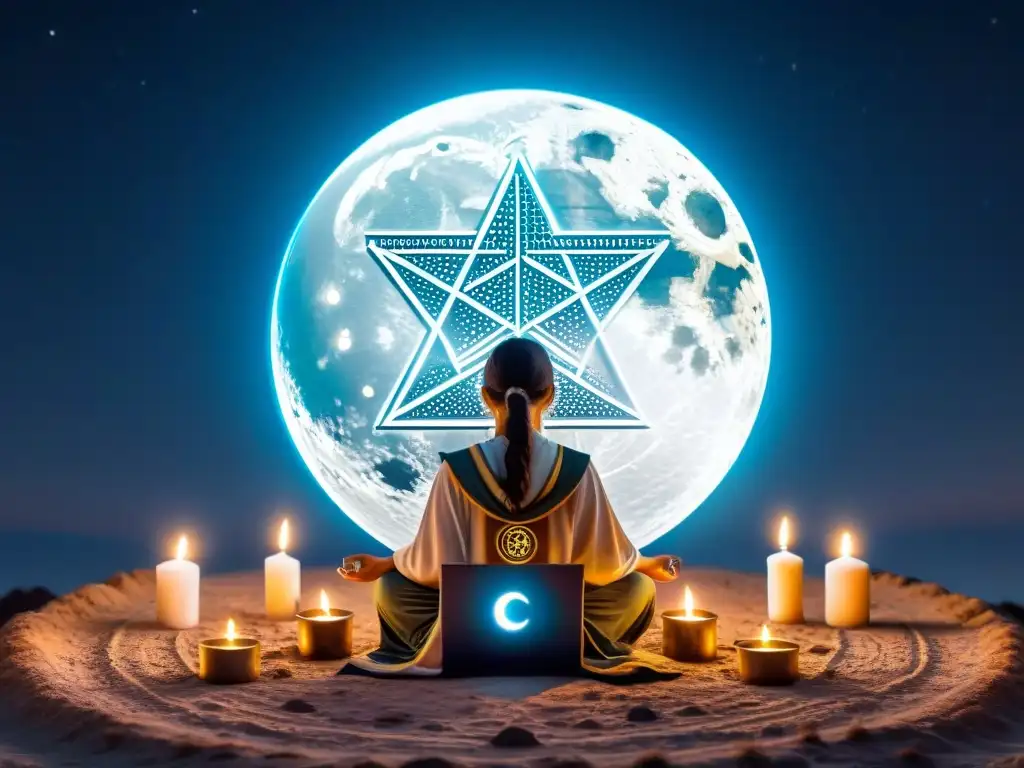 Persona realizando un ritual místico bajo la luna llena, rodeada de velas y símbolos antiguos, con un laptop mostrando gráfico de criptomonedas y fases lunares