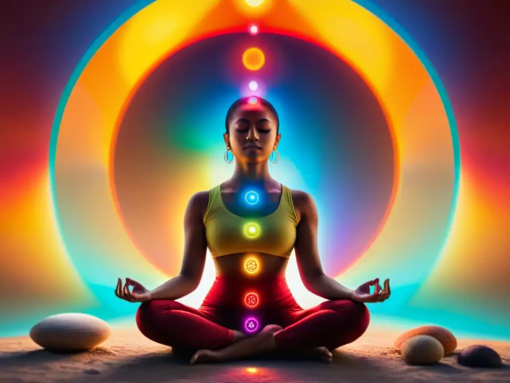 Una persona medita rodeada de los siete chakras