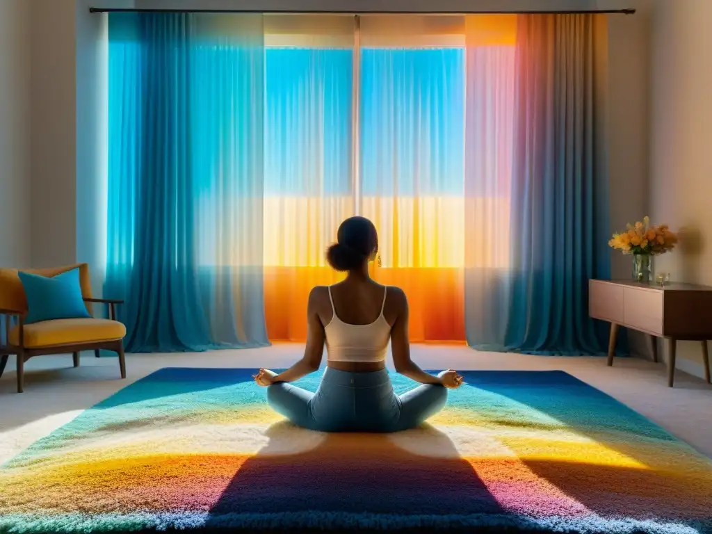 Persona en meditación rodeada de cristales de colores en una habitación serena iluminada por el sol