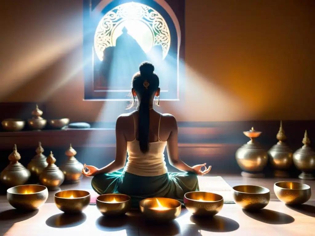 Persona meditando rodeada de cuencos tibetanos en un ambiente sereno y tranquilo