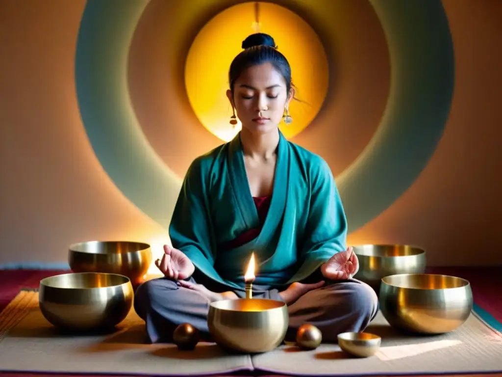 Persona meditando rodeada de cuencos tibetanos y diapasones, iluminada por luz natural