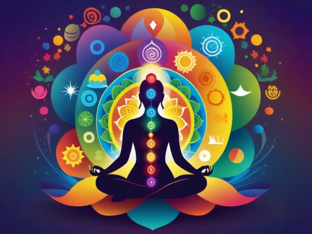 Persona en meditación rodeada de energía y chakras vibrantes