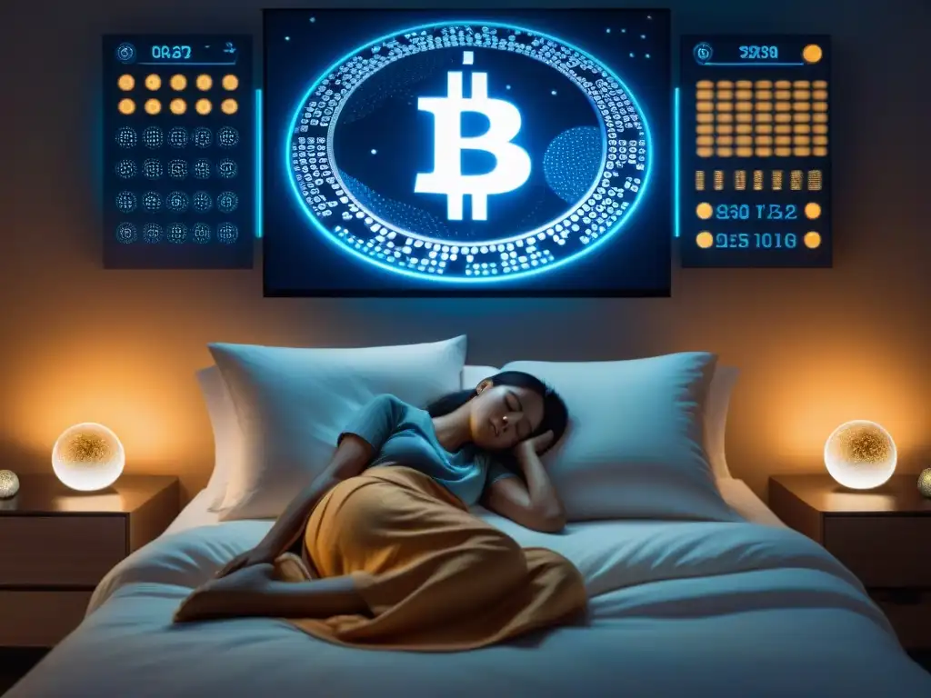 Persona durmiendo rodeada de pantallas con valores de criptomonedas y símbolos oníricos