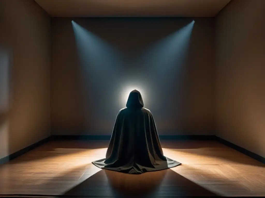 Persona en sala oscura con capa, ocultando identidad y creando misterio