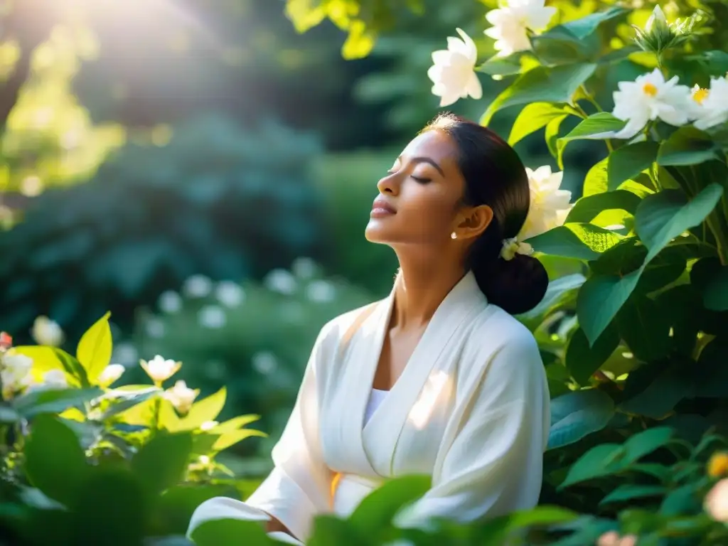 Persona meditando en jardín sereno, vestida de blanco, expresando paz interior y conexión espiritual