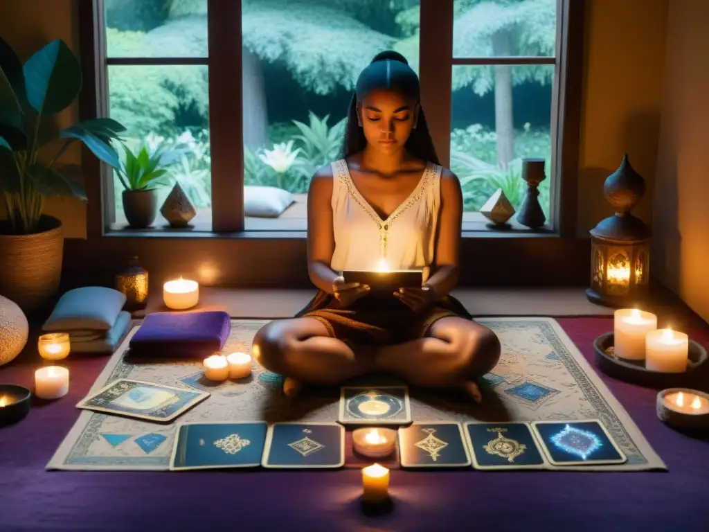 Persona practicando tarot en una habitación serena iluminada, rodeada de cartas, cristales y velas