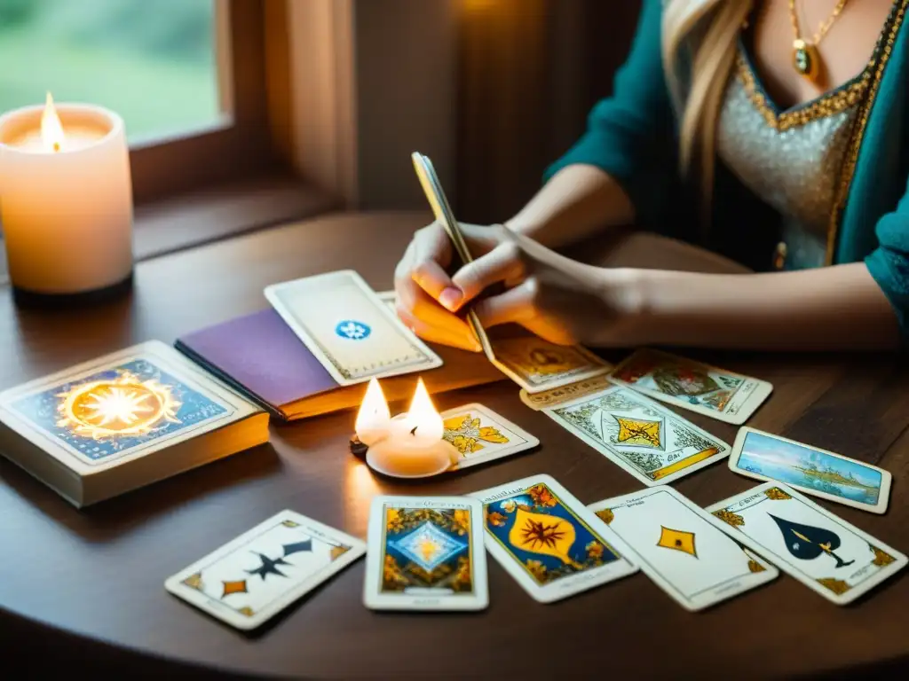 Persona estudiando tarot como herramienta crecimiento personal en mesa llena de cartas, cristales y velas, iluminada por luz solar