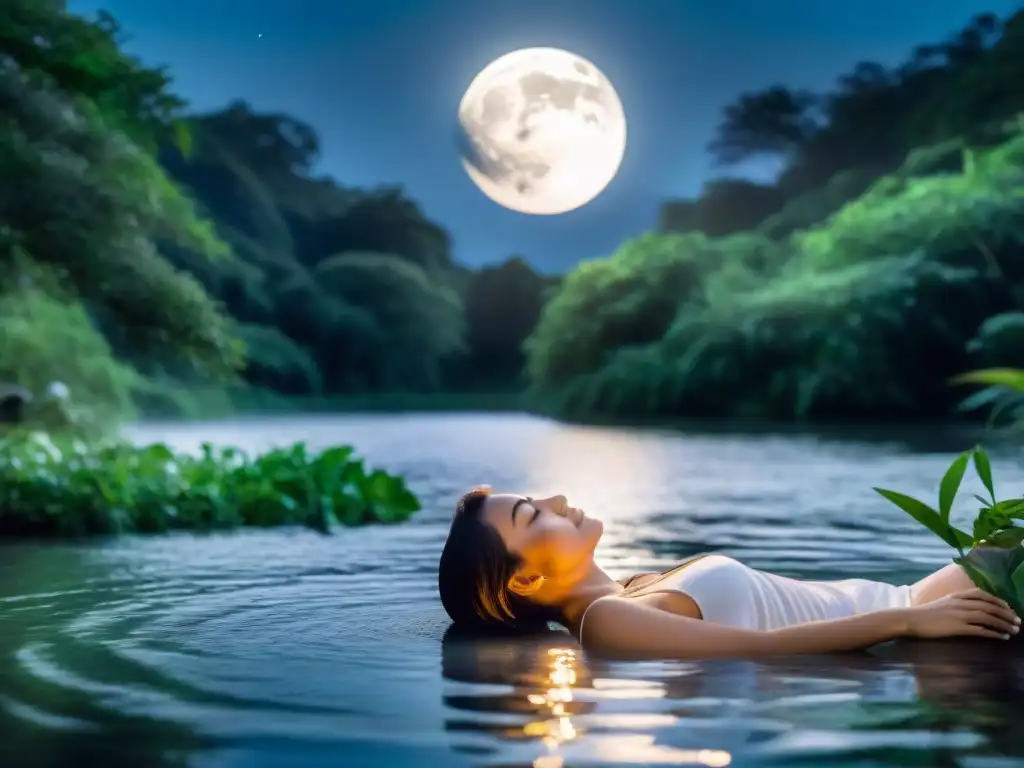 Persona en terapia detox bajo la luna, rodeada de naturaleza y agua, reflejando las fases lunares en terapias detox