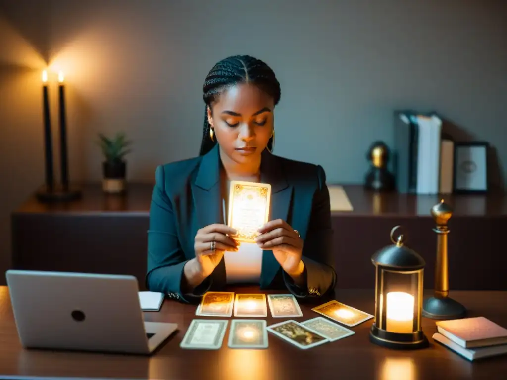 Persona en traje de negocios con mazo de cartas tarot, rodeada de objetos de trabajo