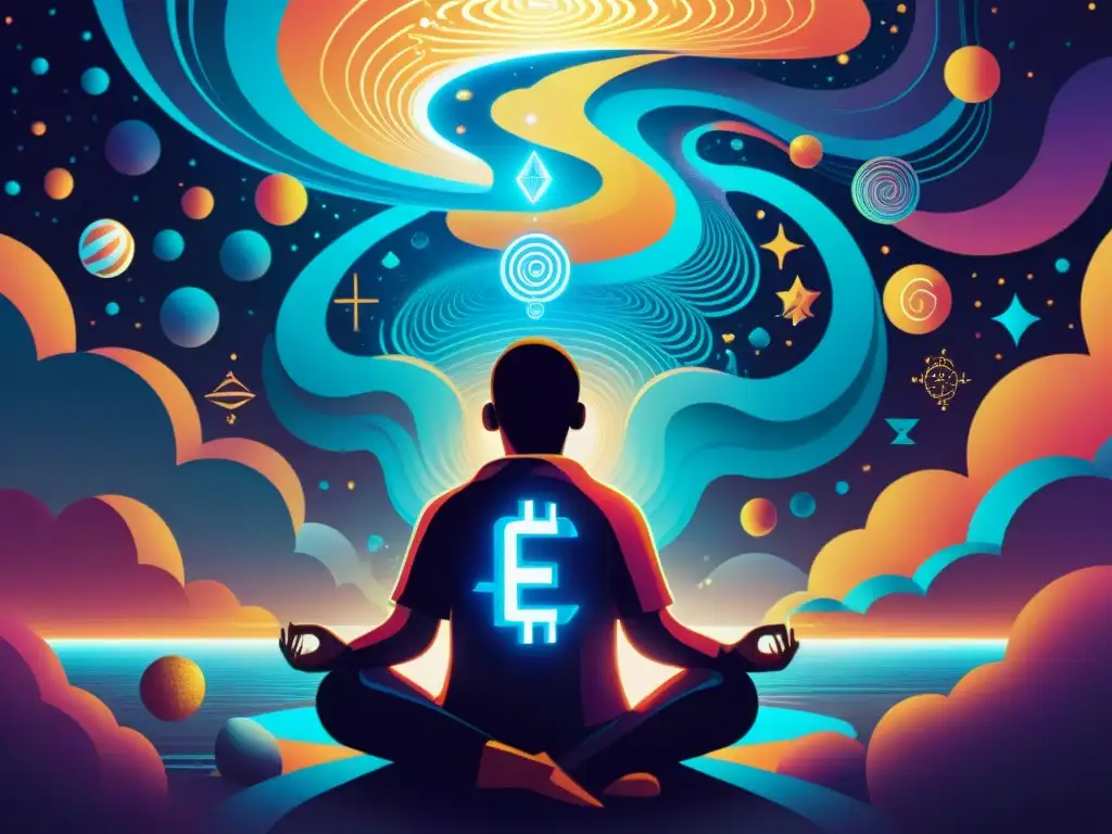 Persona meditando en trance rodeada de energía cósmica y símbolos de mercado criptomonedas en otras dimensiones