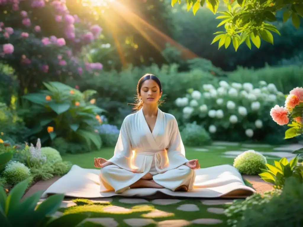 Una persona medita en un jardín tranquilo, rodeada de flores vibrantes, bajo rayos de sol filtrados por las hojas