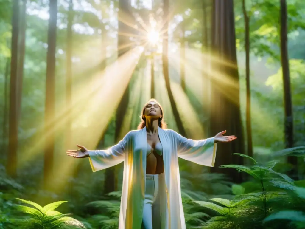 Persona en túnicas blancas en el bosque con aura de protección espiritual en rituales al amanecer