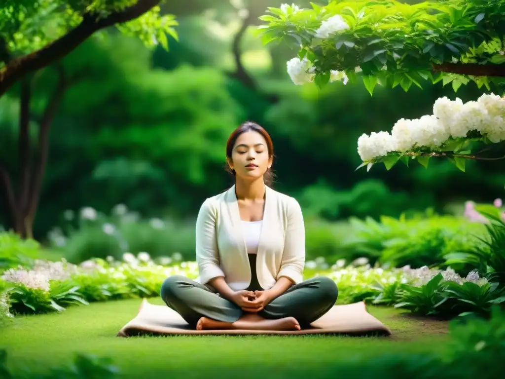 Persona meditando en un jardín verde, rodeada de flores y árboles altos