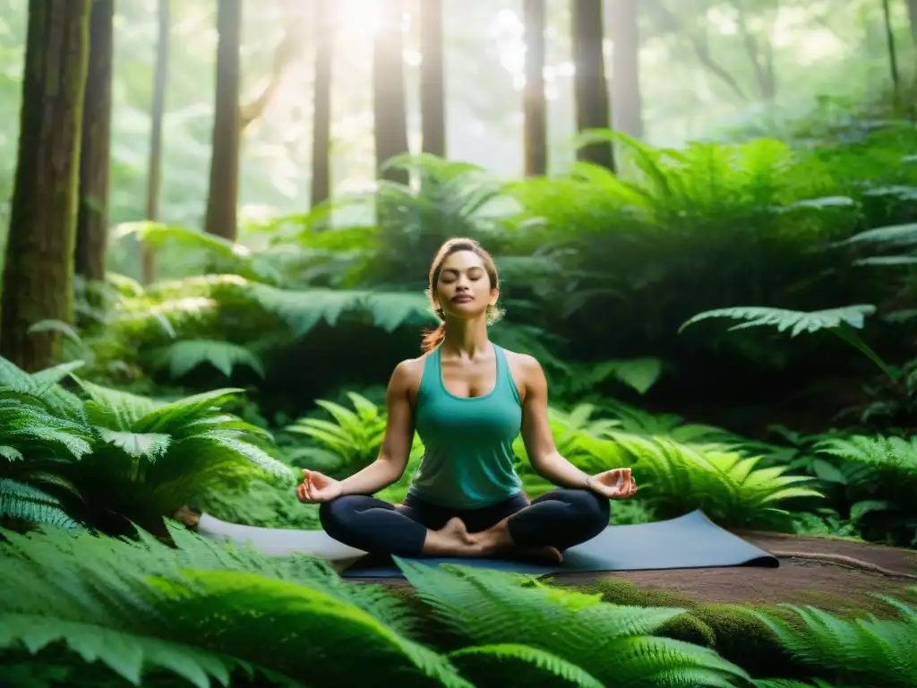 Persona practicando yoga en el bosque, rodeada de naturaleza exuberante